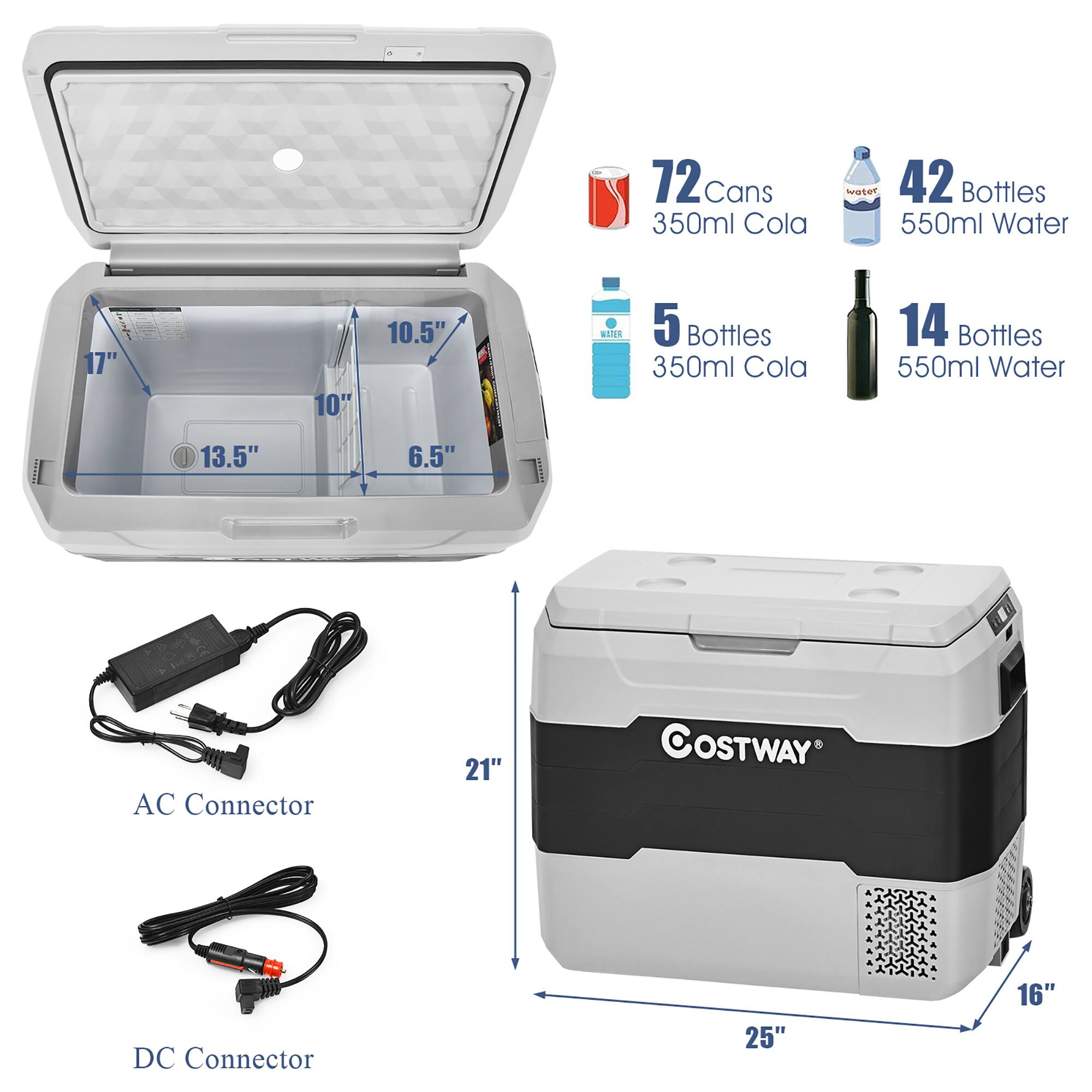 The image shows a cooler with a variety of drinks and bottles inside. There are 72 cans of 350ml cola, 42 bottles of 550ml water, and 5 bottles of 350ml cola. The cooler is 17 inches long, 10 inches wide, and 10.5 inches tall. Additionally, there is an AC connector and a DC connector, which are 21 and 25 inches long, respectively. The cooler is made by OSTWAY.