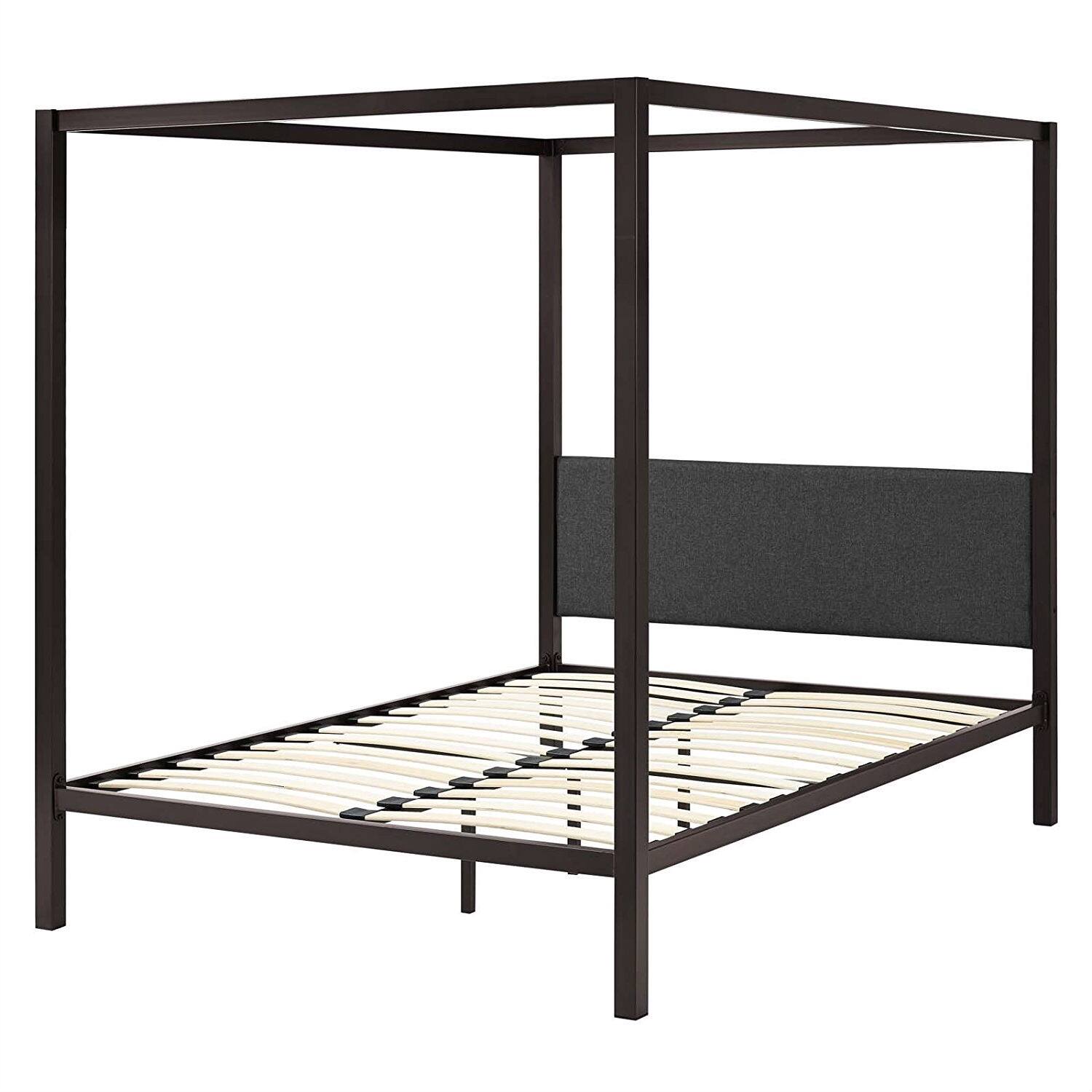 Angle. Hivvago - Hivvago Queen size Metal Canopy Bed Frame with Upholstered Headboard - Brown.