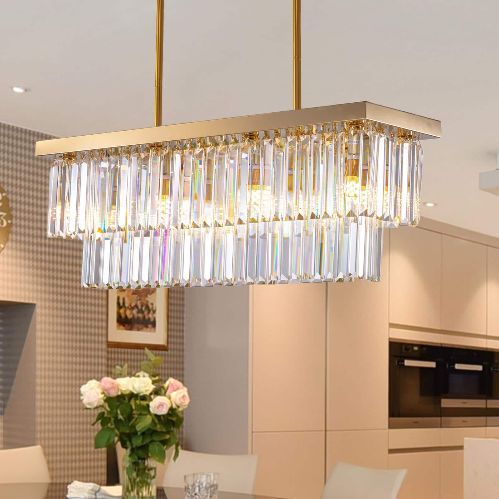 Siljoy - 8-Light Crystal Raindrop Chandelier, 2-Tier for Dining/Living Room - Gold