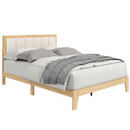 Homcom - Full Size Bed Frame with Upholstered Headboard, Platform Bed Frame with Wooden Slats, No Box Spring Needed - Oak