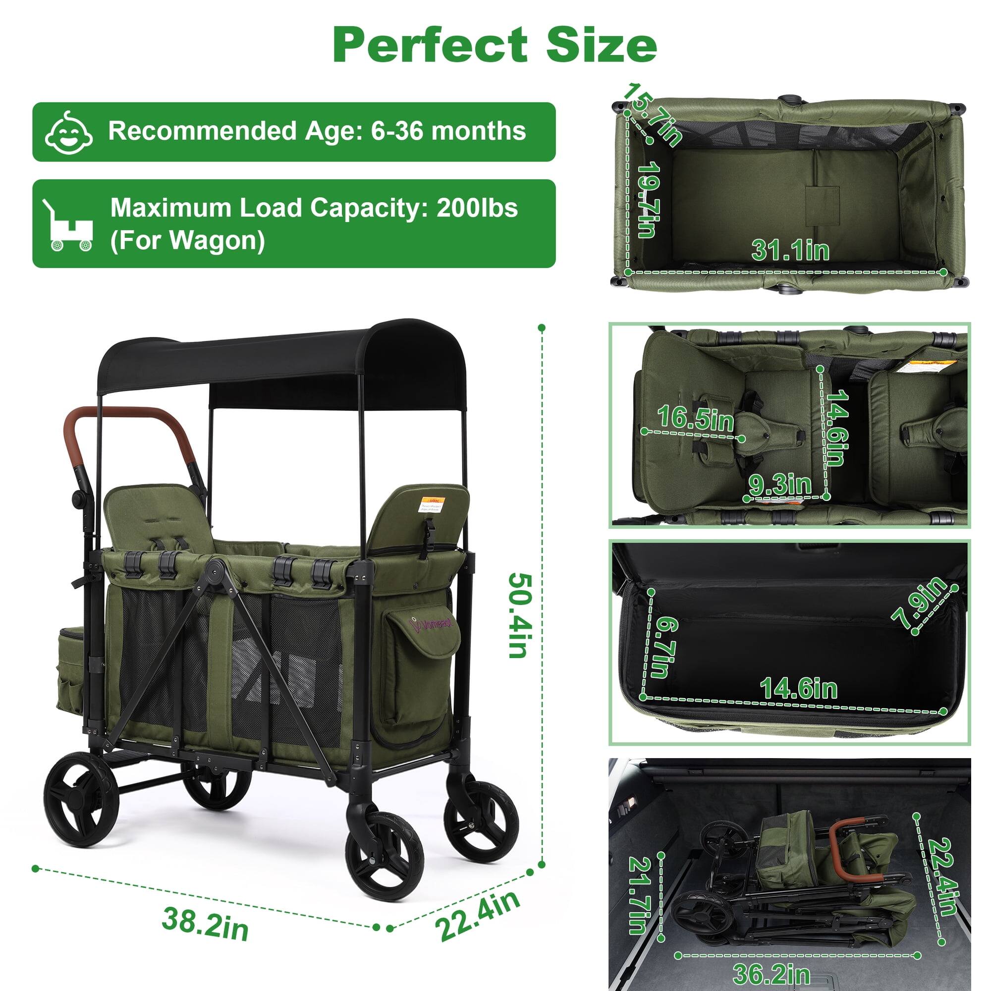 Perfect Size  
Recommended Age: 6-36 months  
Maximum (For Wagon) Load Capacity: 200lbs  

15.7in  
19.7in  
31.1in  
38.2in  
50.4in  
22.4in  
16.5in  
14.6in  
9.3in  
6.7in  
7.9in  
14.6in  
22.4in  
21.7in  
36.2in