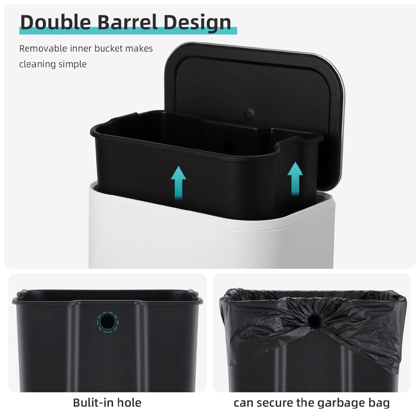 Double Barrel Design

Removable inner bucket makes cleaning simple

Bulit-in hole can secure the garbage bag