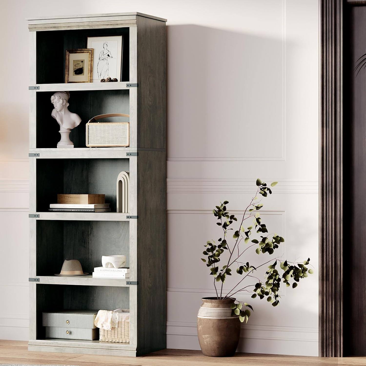 Alt View 2. Babevy - 67" Rustic Farmhouse 5-Tier Book Shelf,Tall Farmhouse Bookshelf - Gray.