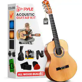PYLE - Beginner 6 String Acoustic Guitar Kit, 1/4 - Natural