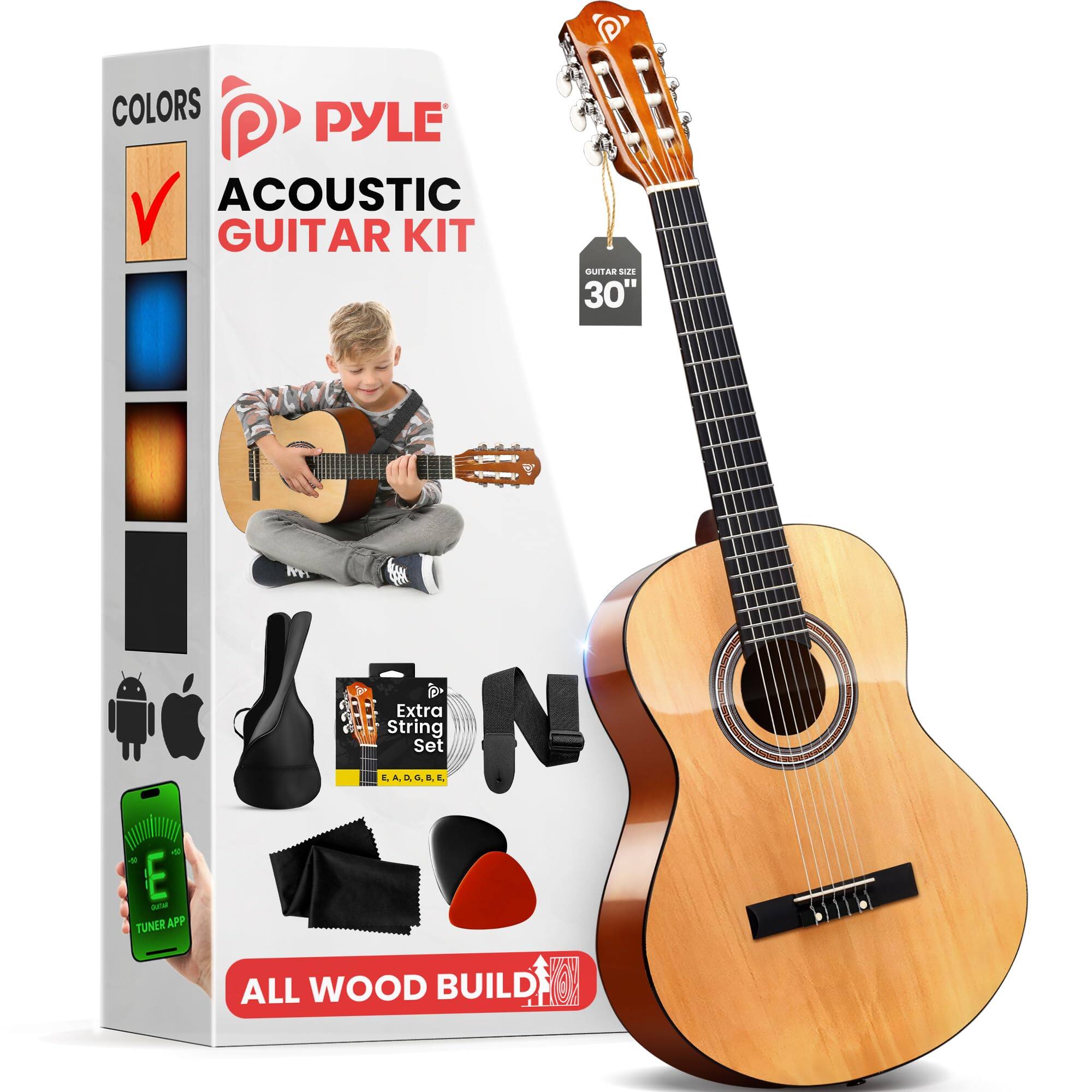COLORS PYLE ACOUSTIC GUITAR KIT GUITAR UdE . 30"  Extra String Set EADORL E ame TUNER APP  ALL WOOD BUILD