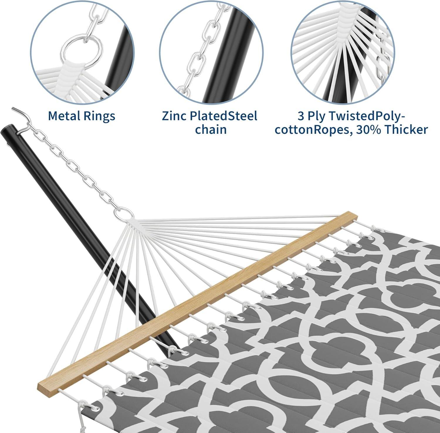 Metal Rings  
Zinc Plated Steel Chain  
3 Ply Twisted Poly-cotton Ropes, 30% Thicker