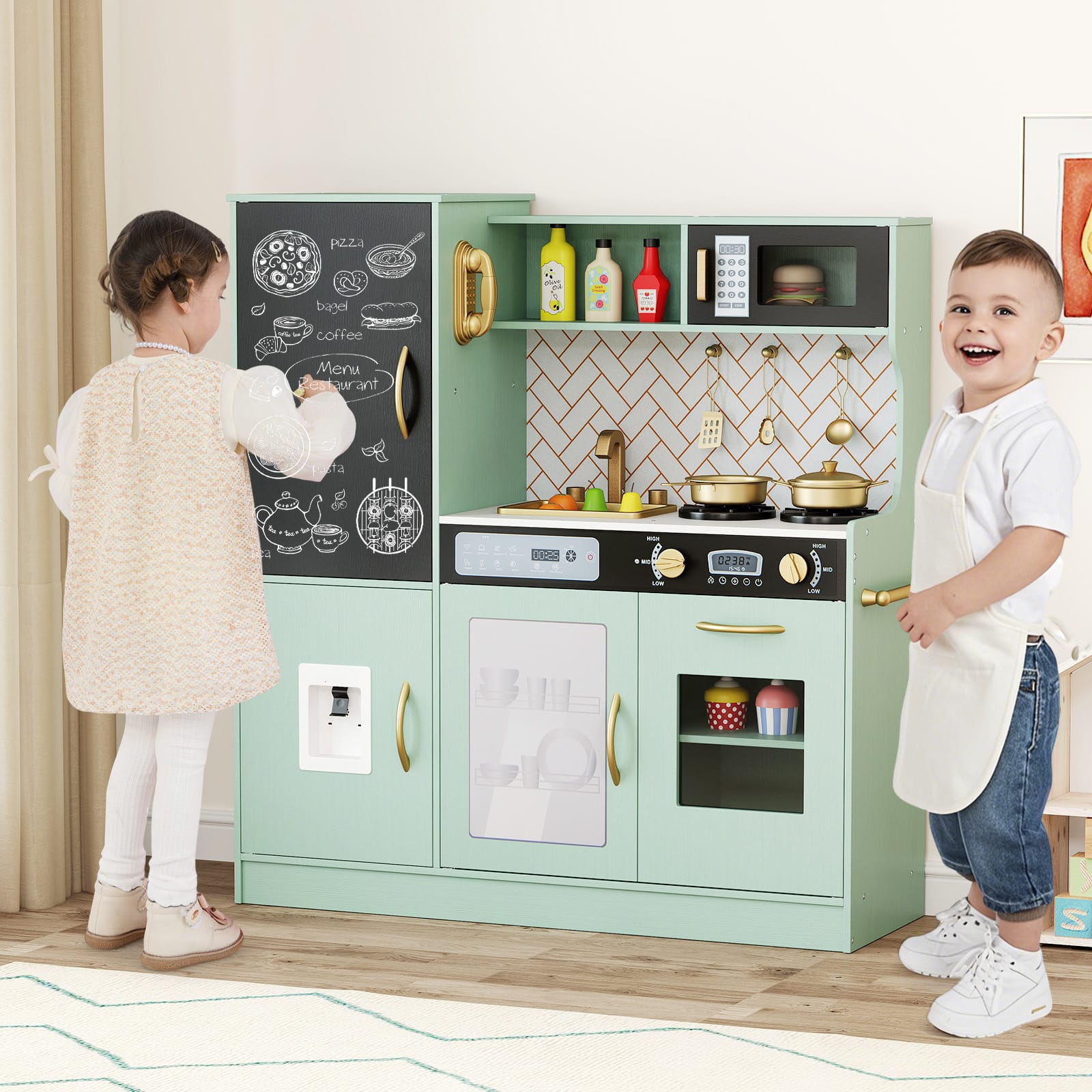 Gymax - Play Kitchen Toy Set w/ Chalkboard Oven Sink Curtain Microwave Water Dispenser - Green