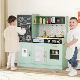 Gymax - Play Kitchen Toy Set w/ Chalkboard Oven Sink Curtain Microwave Water Dispenser - Green