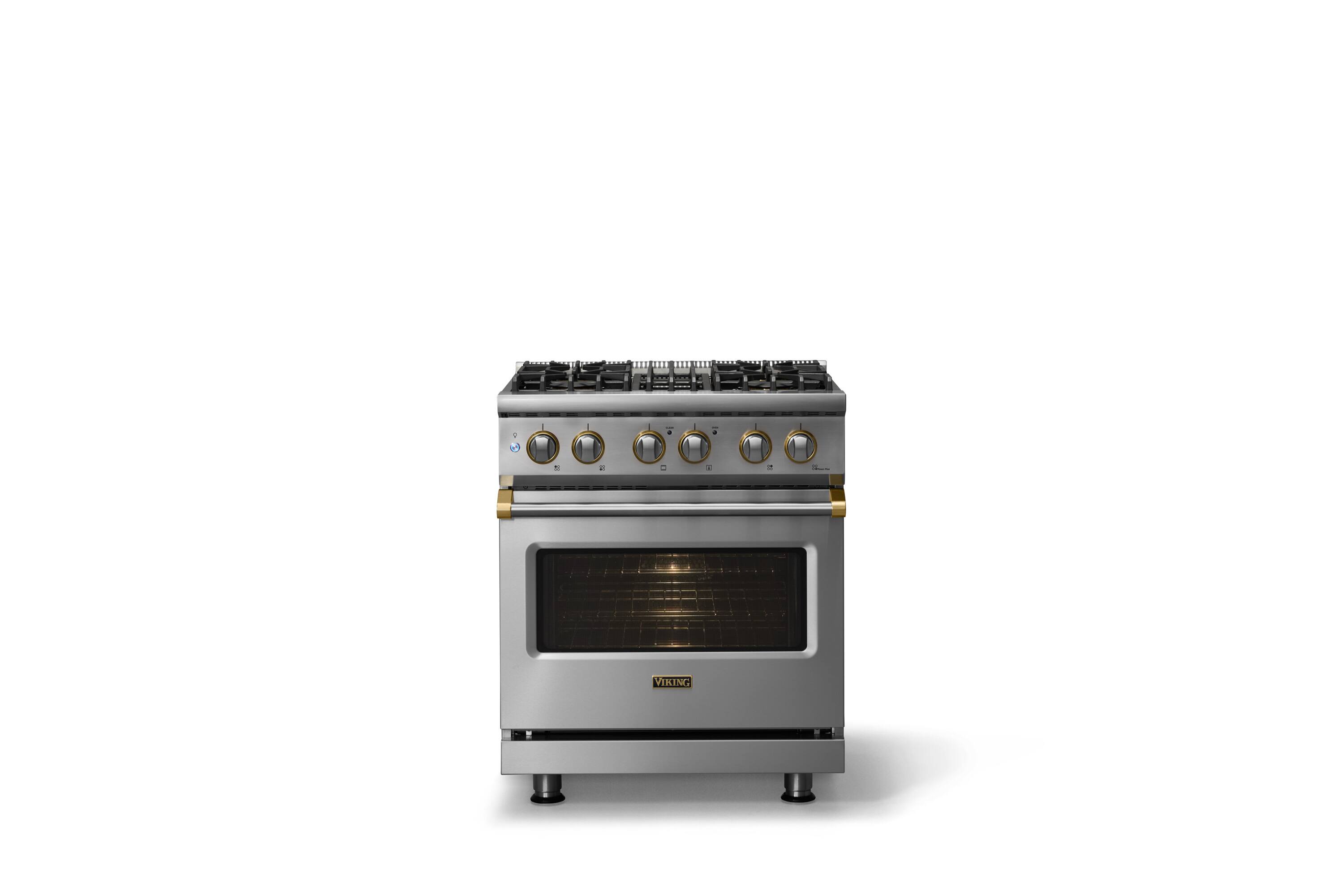 Alt View 1. Viking - 30"W. Pro5S 4.7 Cu.Ft. Freestaning Sealed 4 Burner Dual Fuel Convection Range - Stainless Steel/Brushed Brass - Stainless Steel.