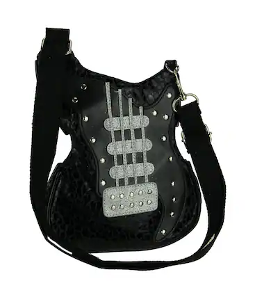 Front. Sleepyville Critters - Electric Guitar Crossbody Purse Small - Black.