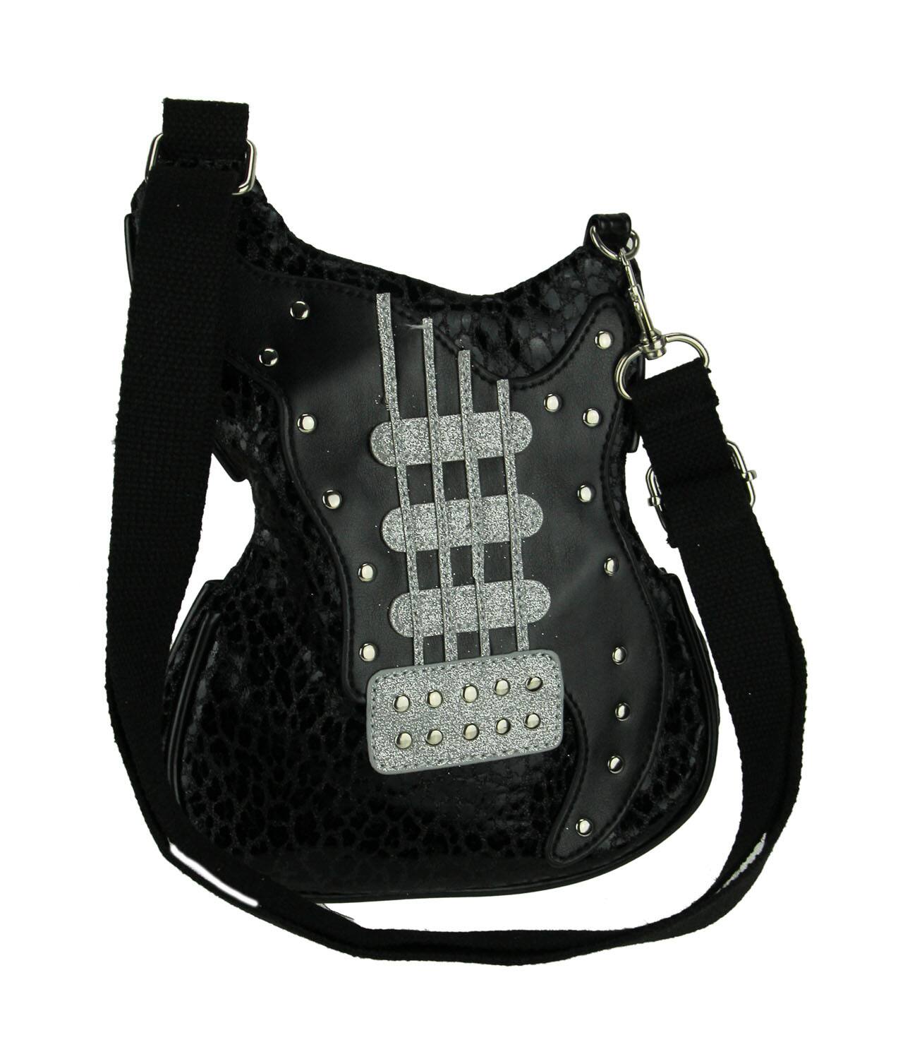 Front. Sleepyville Critters - Electric Guitar Crossbody Purse Small - Black.