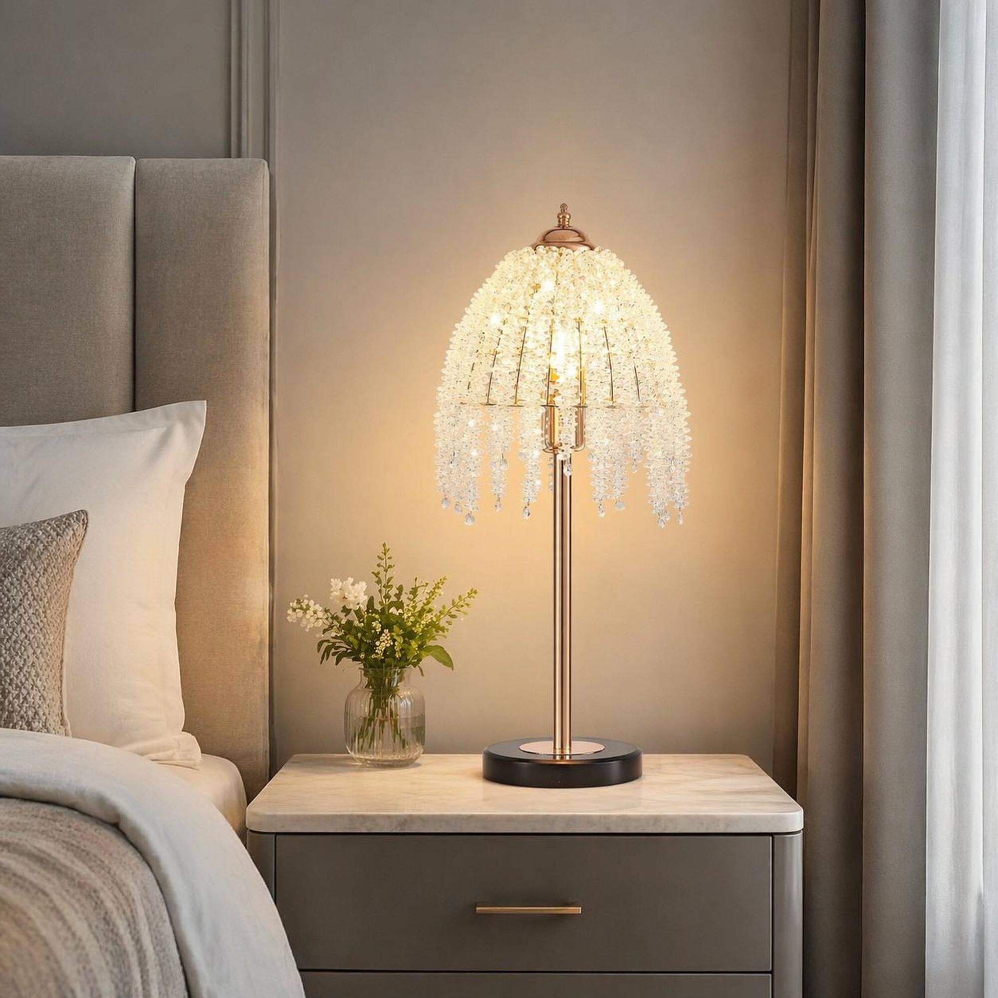 Left. RYHNUYNE - 19-Inch Crystal Table Lamp with Cascading Bead Shade and Marble-Look Base – Vintage Glam for Living Room, Bedroom - Gold.
