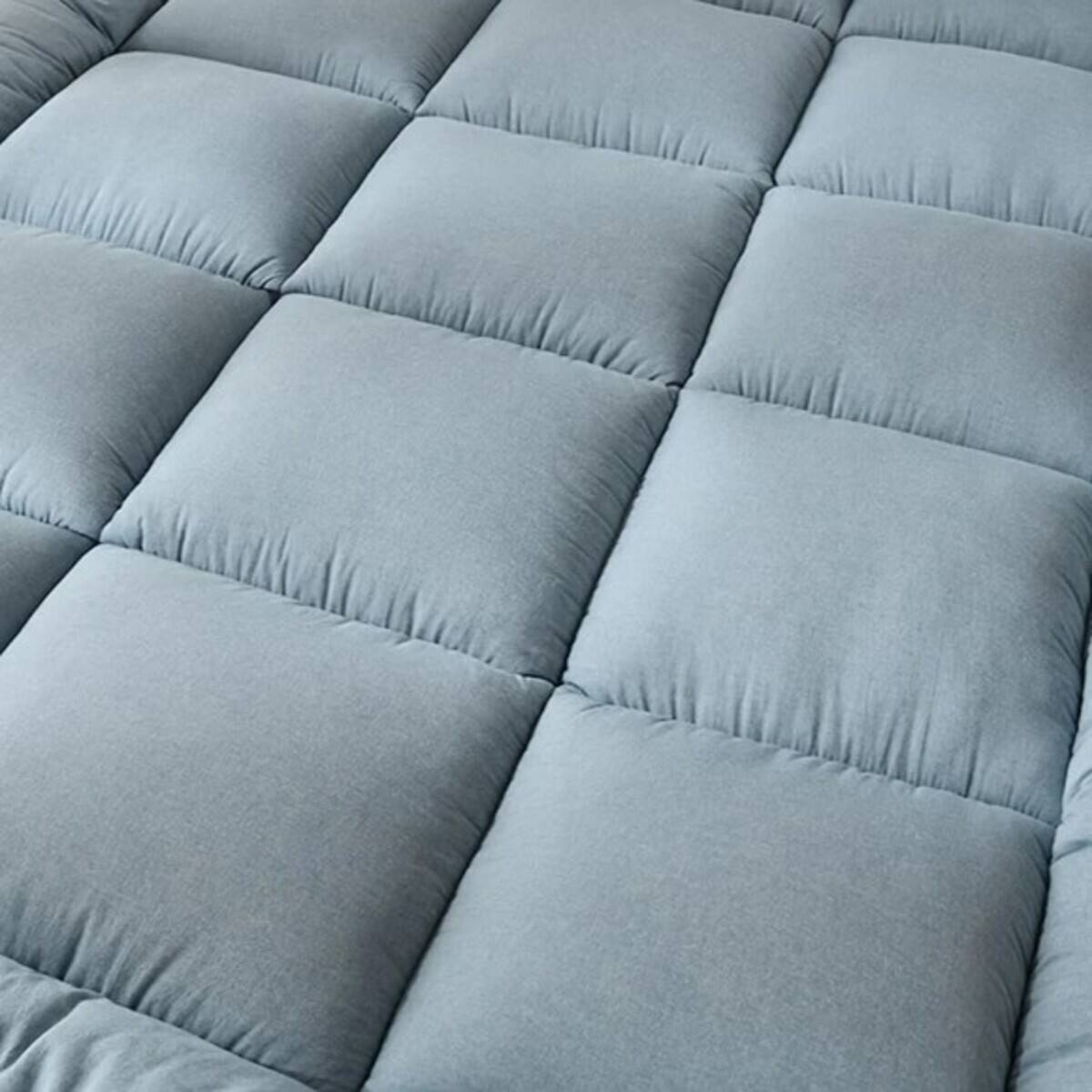 Front. Shatex - Three-layer foam queen mattress topper with 3D quilted edges, soft, breathable, and suitable for all seasons. - Blue.