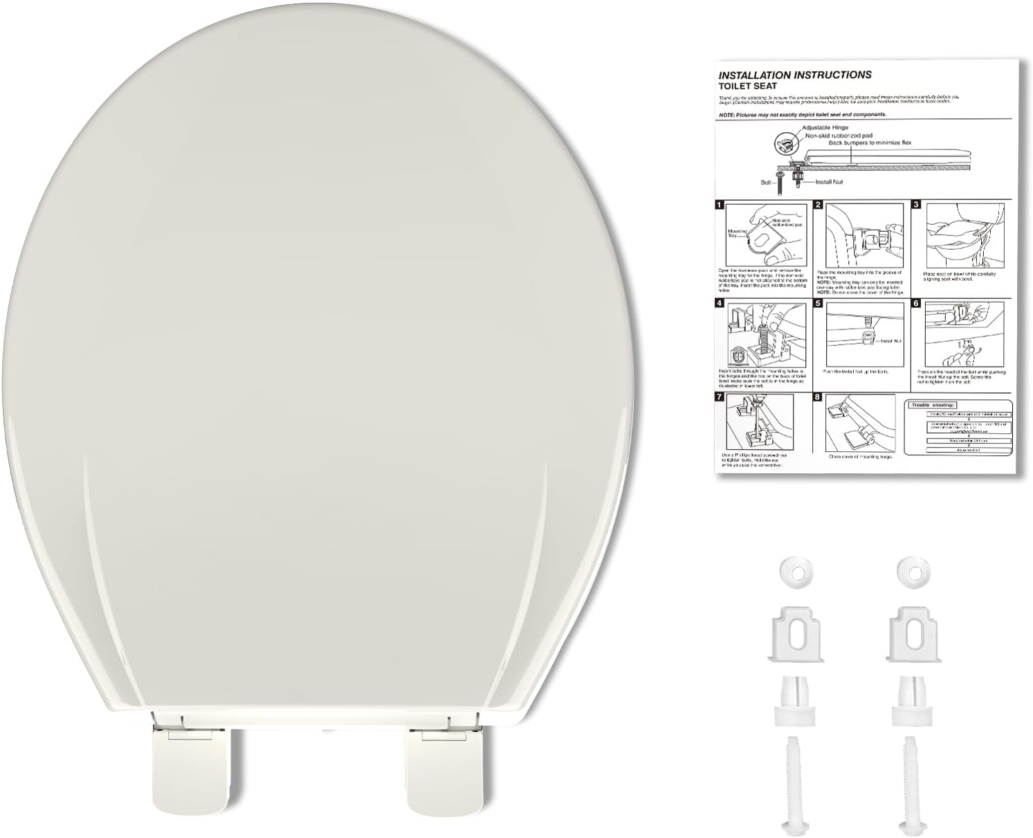 **INSTALLATION INSTRUCTIONS**

**TOILET SEAT**

**NOTE:** Please read and entirely follow the instructions and components.

1. **Remove Old Seat and Components**
   - Remove the old toilet seat and components.

2. **Adjustable Rings**
   - Adjustable rings fit over the toilet bowl rim.

3. **Non-Adjustable Rings**
   - Non-adjustable rings fit over the toilet bowl rim.

4. **Install Rings**
   - Place the rings over the toilet bowl rim.

5. **Install Seat**
   - Place the seat onto the rings.

6. **Install Bolts**
   - Insert the bolts through the seat and into the holes in the toilet.

7. **Tighten Bolts**
   - Tighten the bolts to secure the seat.

8. **Final Check**
   - Ensure the seat is secure and level.

**Diagram:**
- [Diagram showing the placement of rings and bolts]

**Components:**
- [List of components with images]

**Warranty Information:**
- [Warranty details]

**Caution:**
- [Safety warnings]

**Note:**
- [Additional notes or tips]