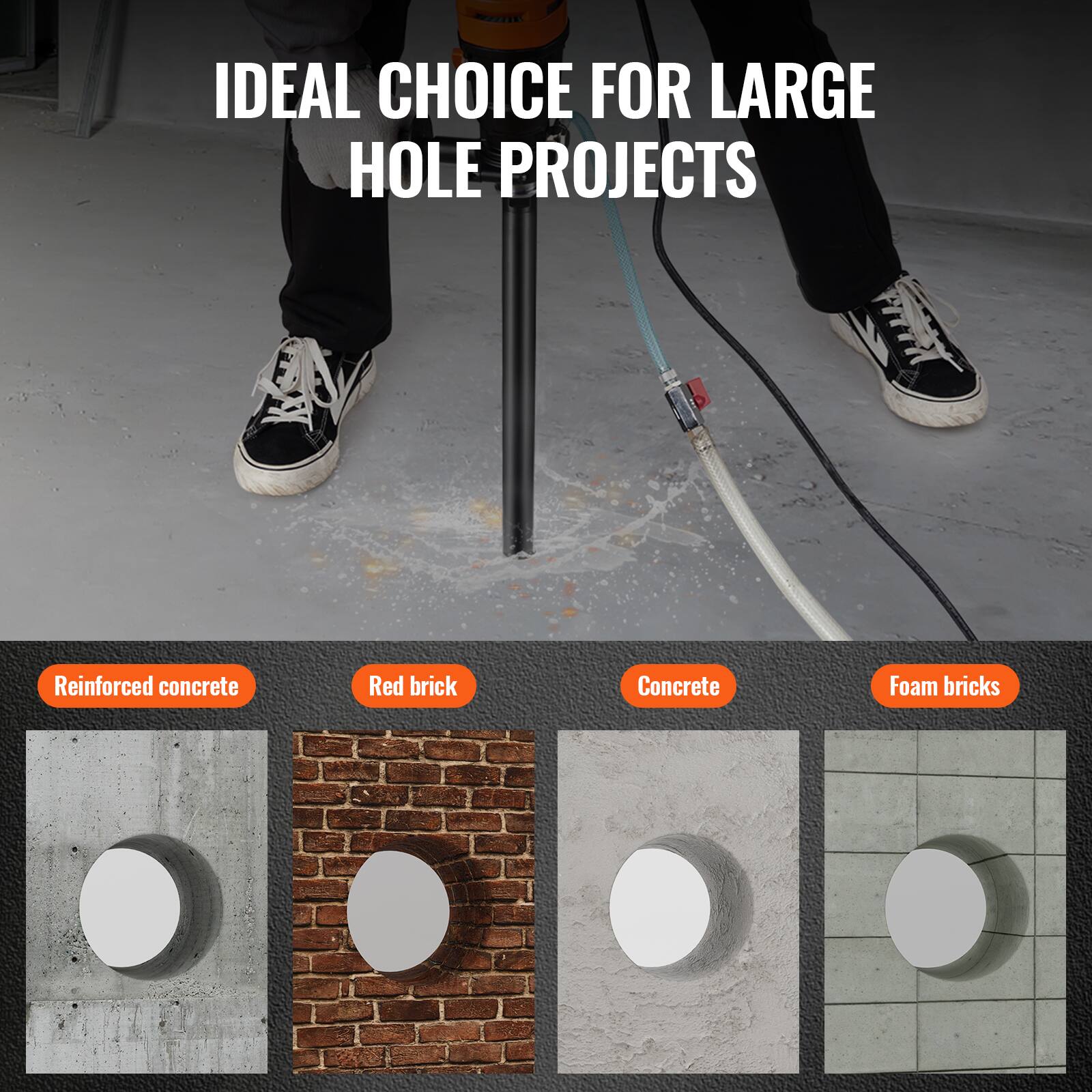 IDEAL CHOICE FOR LARGE HOLE PROJECTS

- Reinforced concrete
- Red brick
- Concrete
- Foam bricks