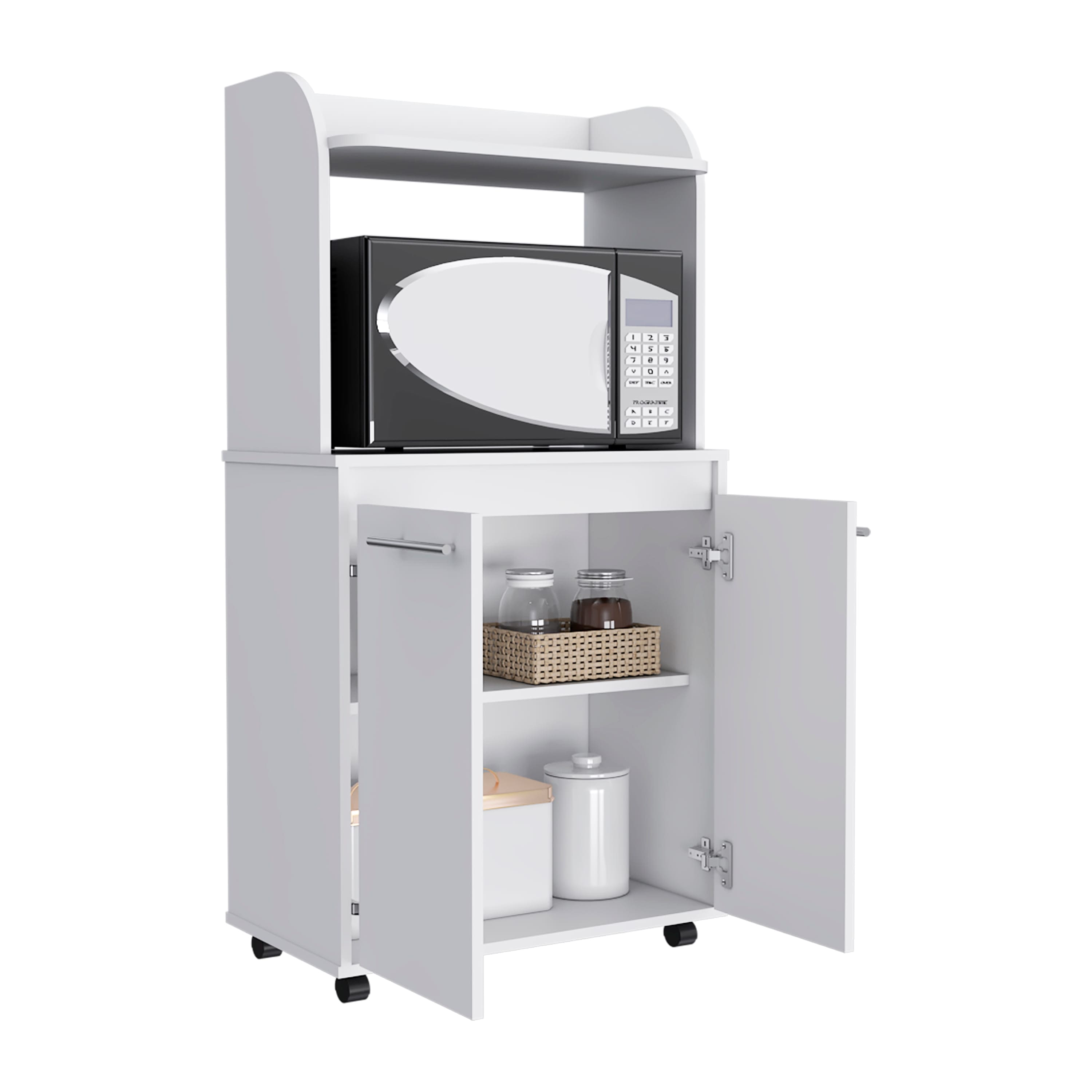 Spaco - Kitchen Cart with Double Door Cabinet with Open Shelf, 2 Interior Shelves, Microwave Stand and Casters - White