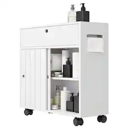 PULUZ - Toilet Paper Cabinet, Slim Bathroom Cabinet with 4 Rolling Wheels, Small Bathroom Storage Cabinet with Paper Holes, Slid - White