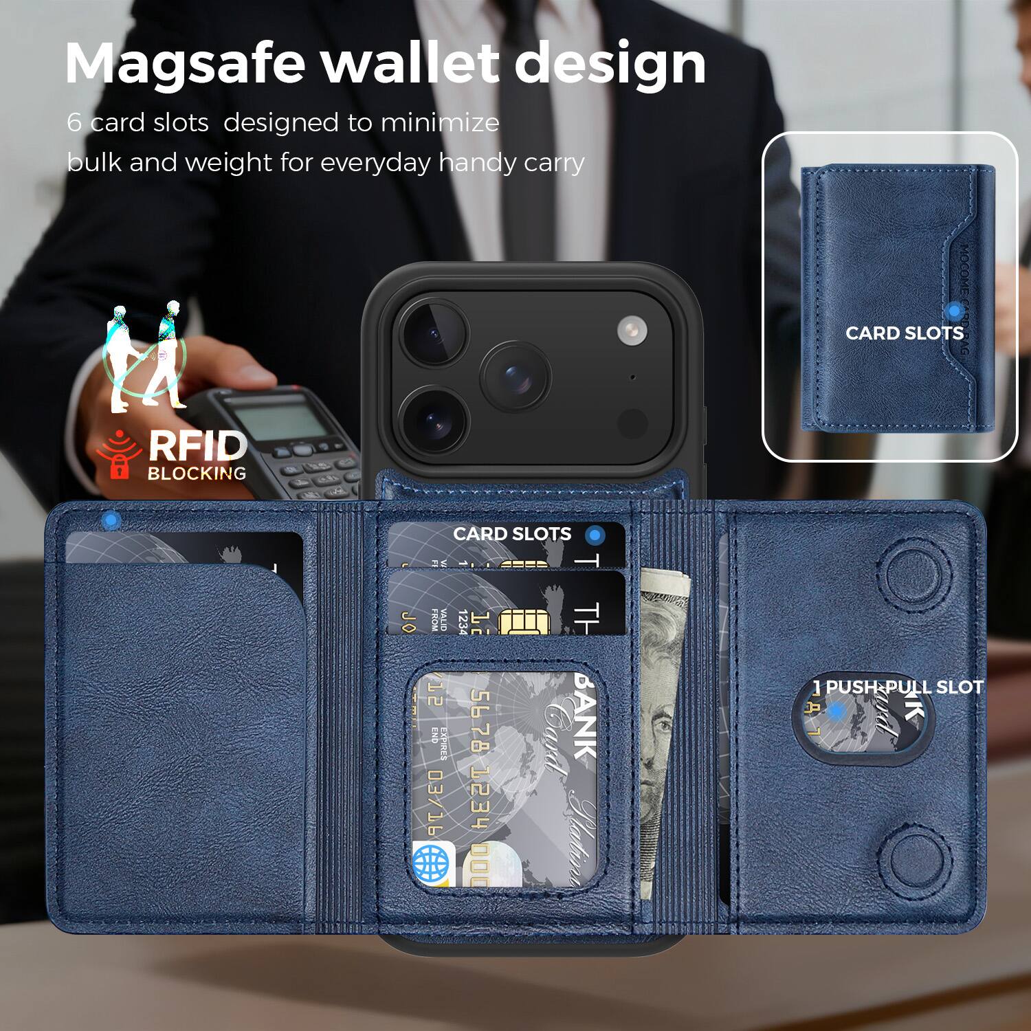 Magsafe wallet design

6 card slots designed to minimize bulk and weight for everyday handy carry

RFID BLOCKING

CARD SLOTS

1 PUSH-PULL SLOT