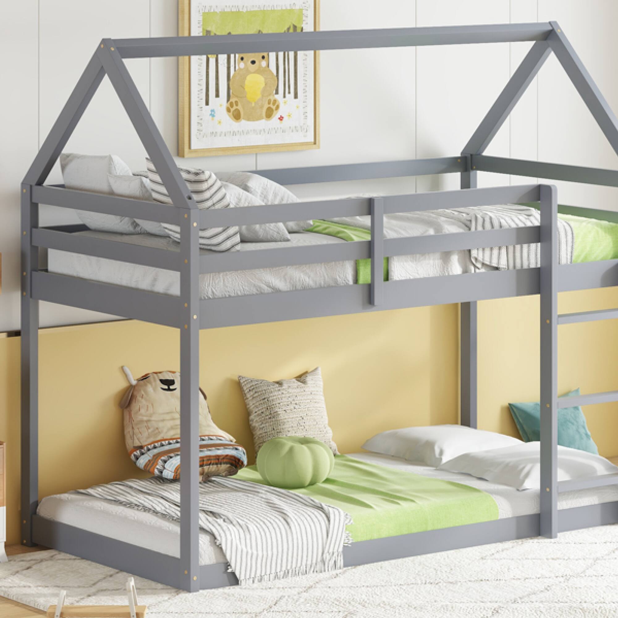 Alt View 10. GOODSILO - House-Shaped Twin Over Twin Rubber Wood Bunk Bed with Ladder and Guardrails for Kids - Grey.
