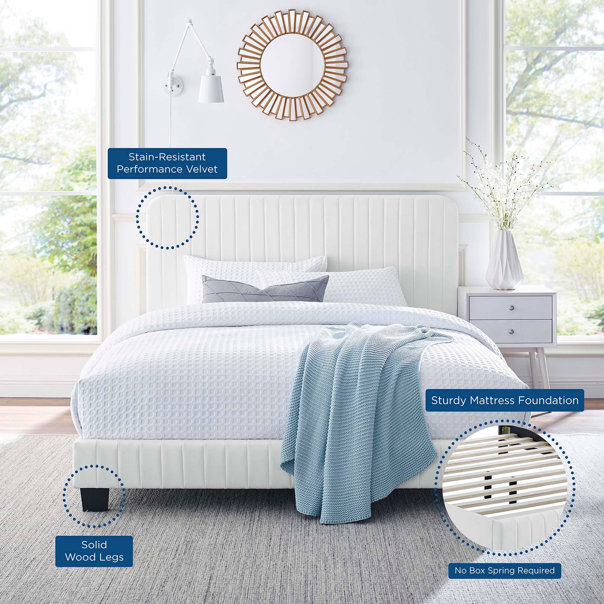 - Stain-Resistant Performance Velvet
- Solid Wood Legs
- Sturdy Mattress Foundation
- No Box Spring Required