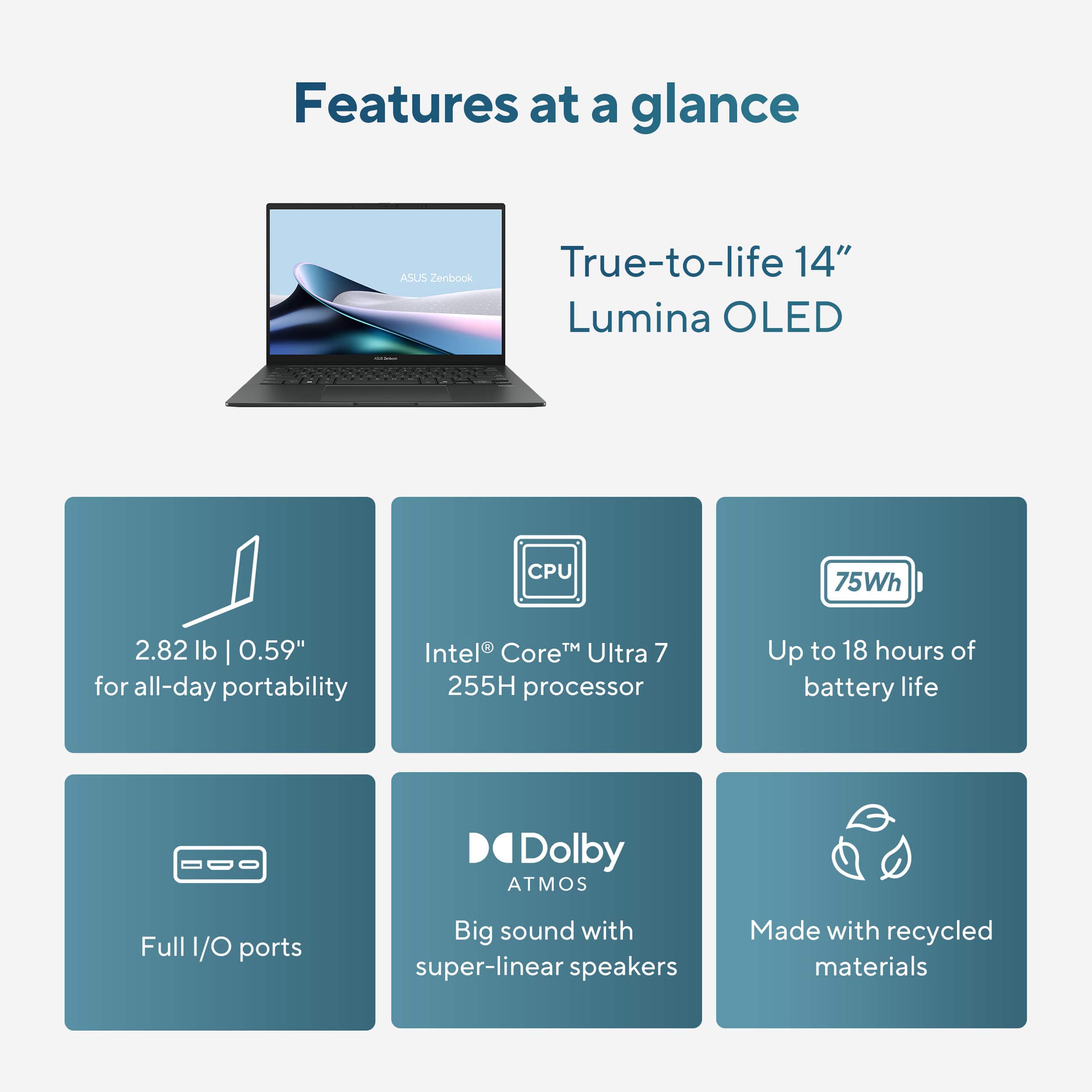 Features at a glance:
1. ASUS Zenbook True-to-life 14" Lumina OLED
2. CPU: 75Wh 2.82 lb
3. I/O ports: Full I/O ports
4. Processor: Intel Core i7-7500U
5. Battery life: Up to 18 hours
6. Dolby ATMOS
7. Big sound with super-linear speakers
8. Made with recycled materials