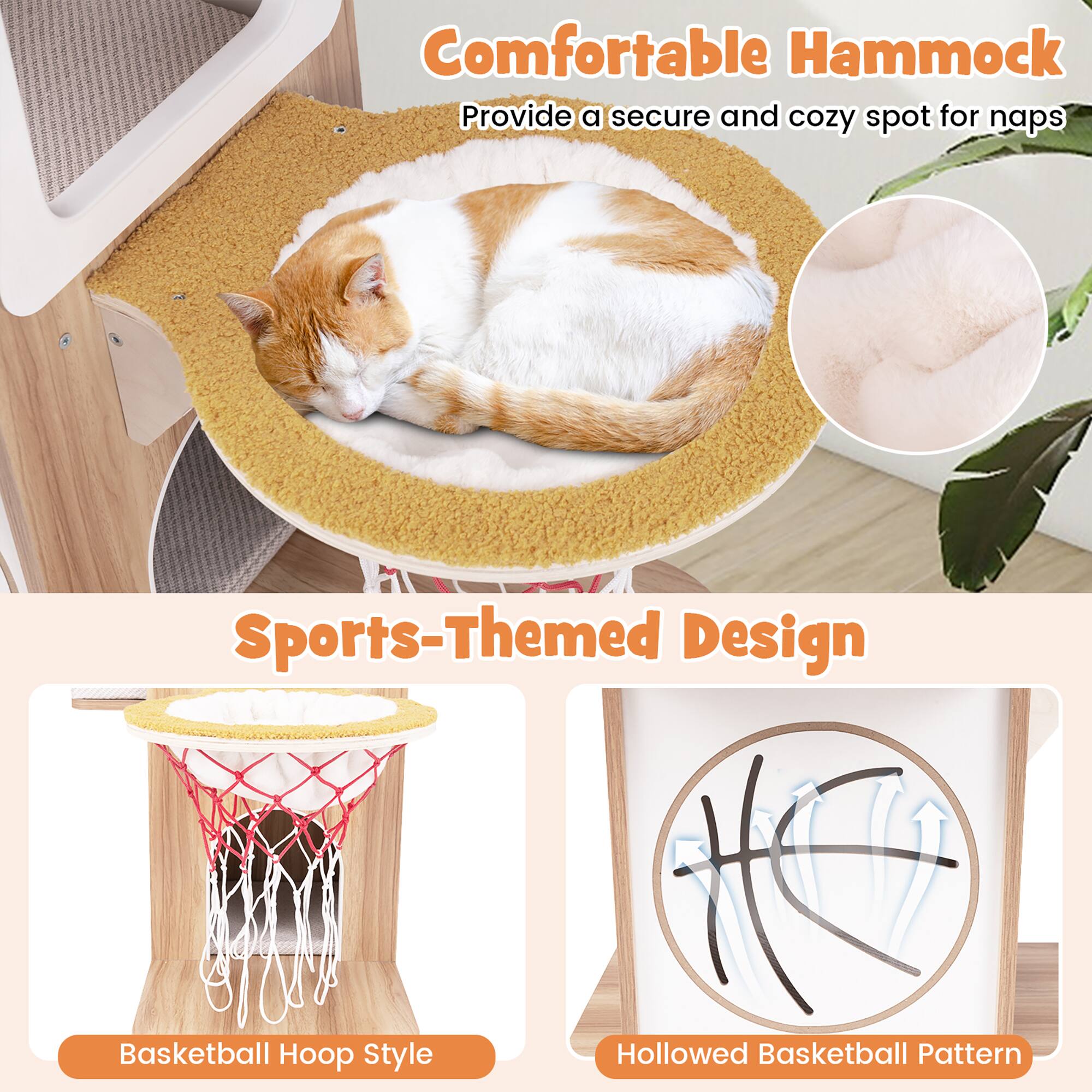 Comfortable Hammock  
Provide a secure and cozy spot for naps  

Sports-Themed Design  
Basketball Hoop Style  
Hollowed Basketball Pattern
