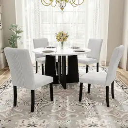 Loheer - 5 Piece Round Dining Table Set with Upholstered Chairs, 43 Inch Modern Dining Set for Four - Beige and White