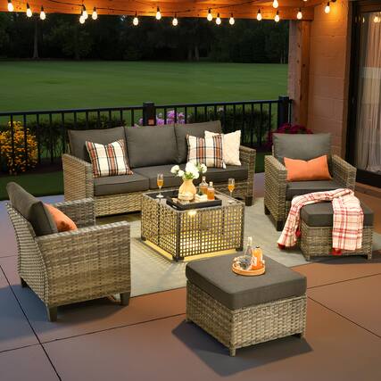 Front. Ovios - 6 PCS Patio Furniture Conversation Set 3 Seat Sofa Comfy Armchair with Coffee Table & Ottoman - Black.