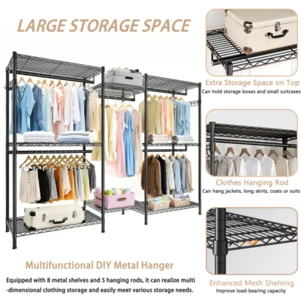 LARGE STORAGE SPACE

Extra Storage Space on Top
Can hold storage boxes and small suitcases

Clothes Hanging Rod
Can hang jackets, long skirts, coats or suits

Multifunctional DIY Metal Hanger
Equipped with 8 metal shelves and 5 hanging rods, it can realize multi-dimensional clothing storage and easily meet various storage needs.

Enhanced Mesh Shelving
Improve load-bearing capacity