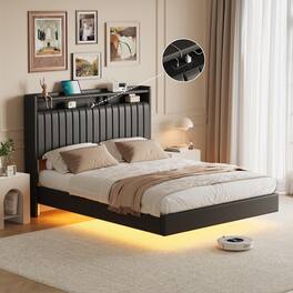 Homhougo - Full Size Floating Bed Frame with RGB LED Lights & Charging Station - Black