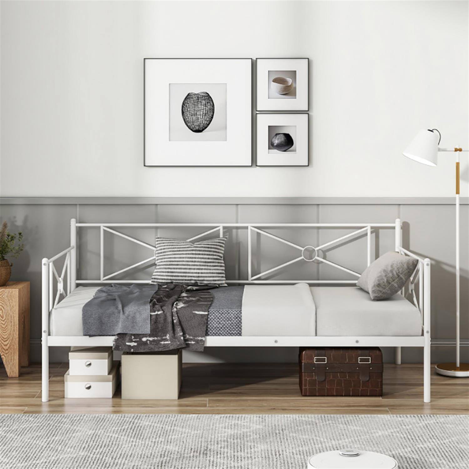 Back. Pefilos - Metal Daybed Twin Bed Frame Stable Steel Slats Sofa Bed, Modern Bed Frame for Teens, White - White.