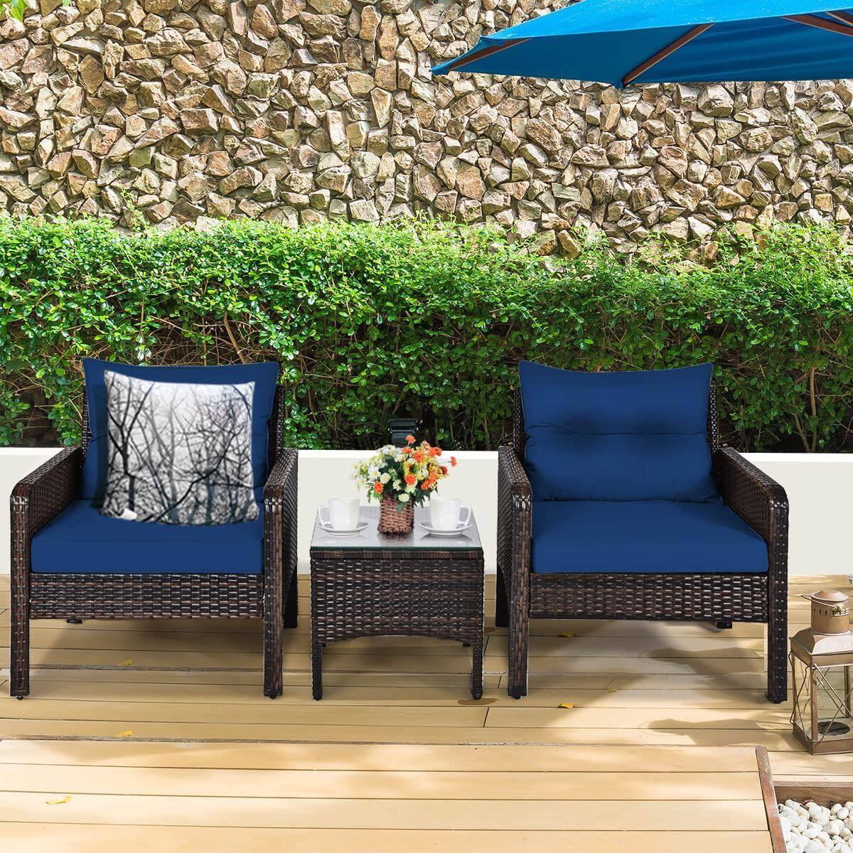 Back. Hivvago - 3-Piece Brown PE Rattan Outdoor Dining Patio Furniture Set with Blue Cushions - Brown, Blue.