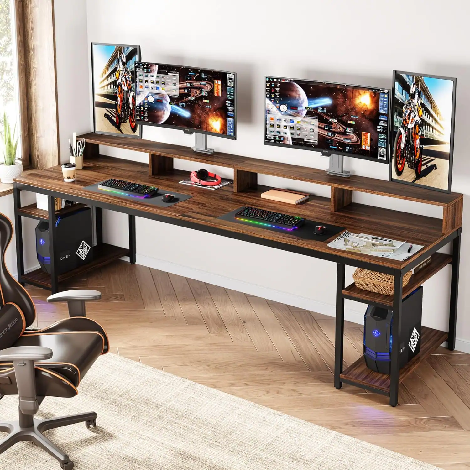APRILSOUL - Double Computer Office Desk with Monitor Stand 78.74in Long Storage Shelves Large Gaming Study Table Workstation Brown - Brown+Black