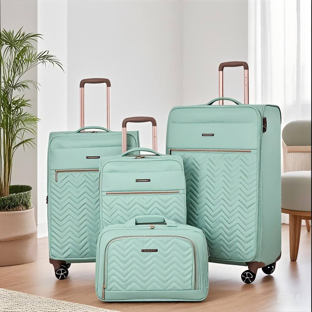 Angle. BreeBe - Softshell Suitcase Spinner Wheels Terylene Luggage Set Green 4-Piece Lightweight Durable - Green.