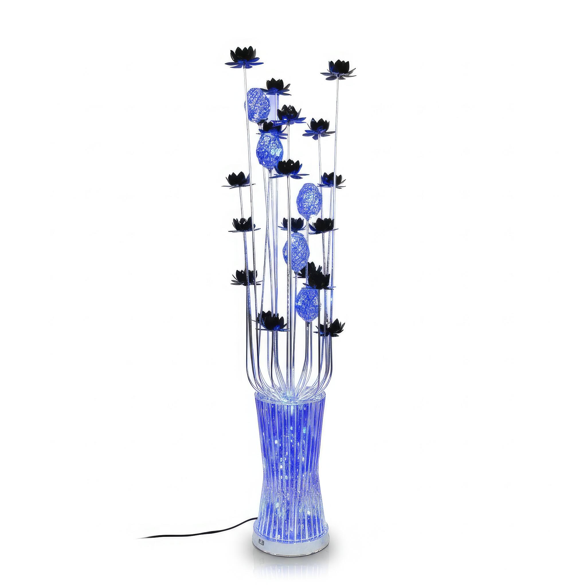 Angle. FC Design - 61"H Black Floral Spray with Blue  LED Glow Floor Lamp.