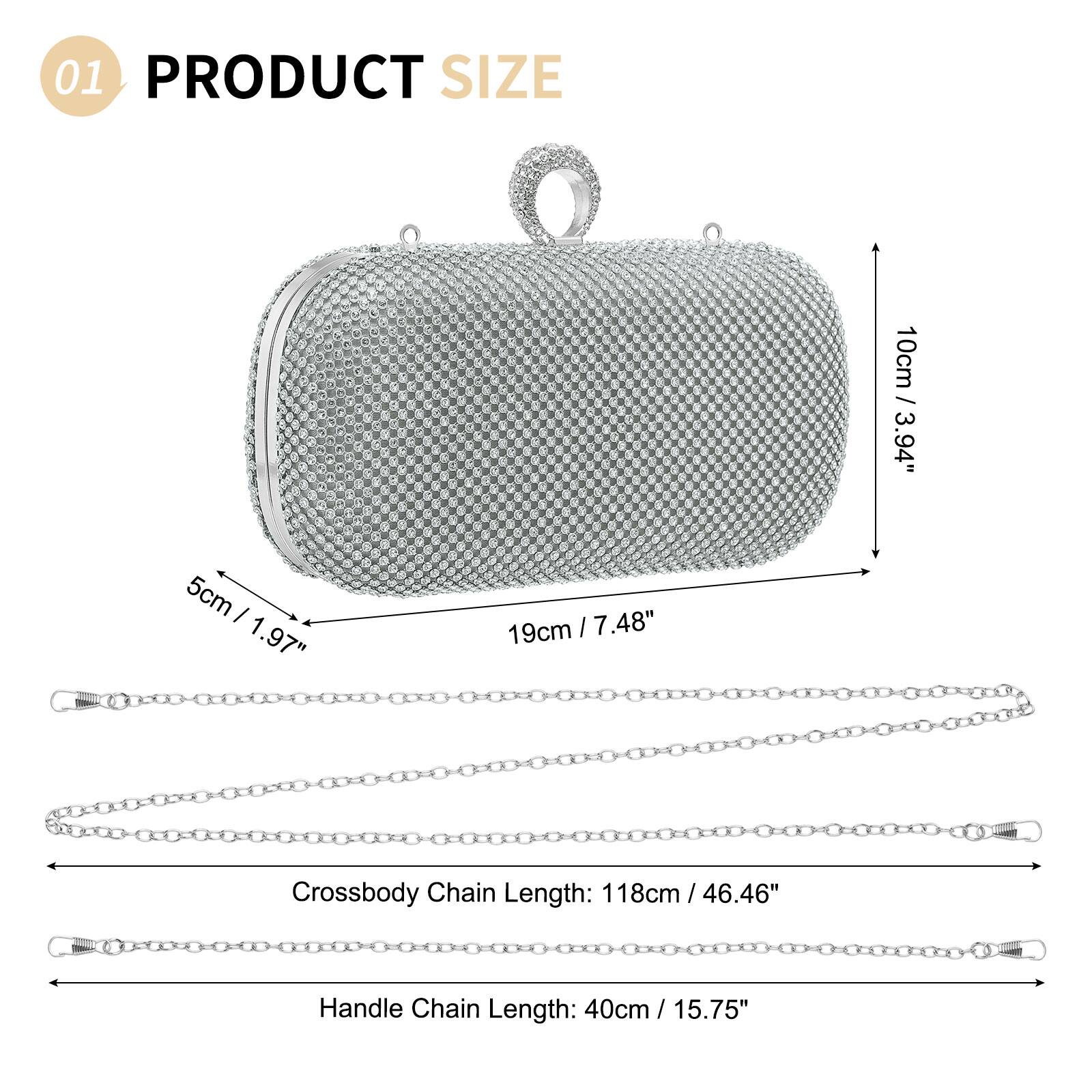 01 PRODUCT SIZE

- Height: 10cm / 3.94"
- Width: 19cm / 7.48"
- Depth: 5cm / 1.97"

Crossbody Chain Length: 118cm / 46.46"

Handle Chain Length: 40cm / 15.75"