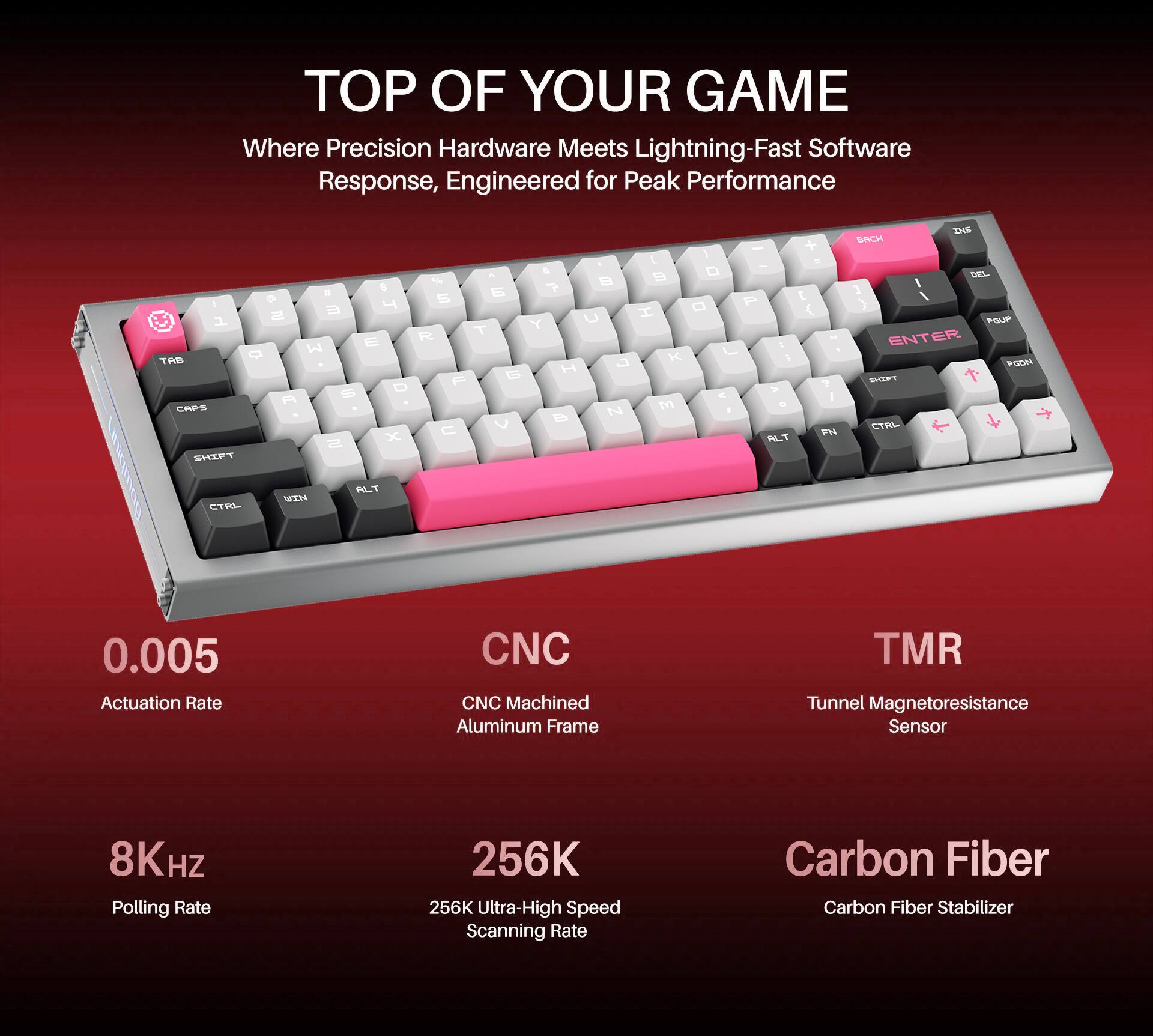 TOP OF YOUR GAME  
Where Precision Hardware Meets Lightning-Fast Software Response, Engineered for Peak Performance  

0.005 Actuation Rate  
8KHz Polling Rate  
256K Ultra-High Speed Scanning Rate  
CNC Machined Aluminum Frame  
TMR Tunnel Magnetoresistance Sensor  
Carbon Fiber Stabilizer