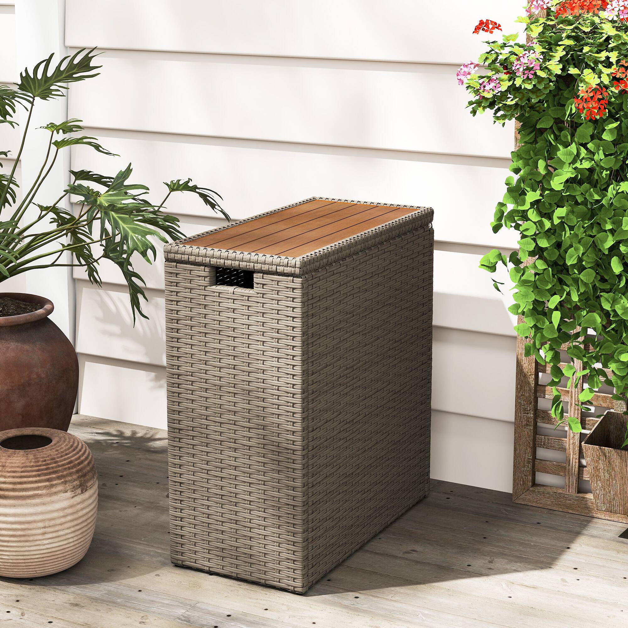 Alt View 7. Outsunny - 17 Gallon Wicker Small Deck Box, PE Rattan Outdoor Storage Box with Slatted Acacia Wood Flip Top for Indoor - Teak.