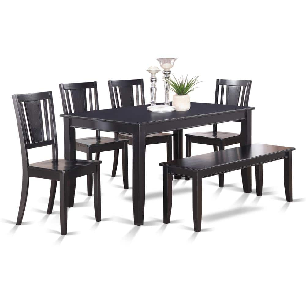 East West Furniture - 6 Pc Dining Table with bench-Dining Table and 4 Dining Chairs and Bench - Black