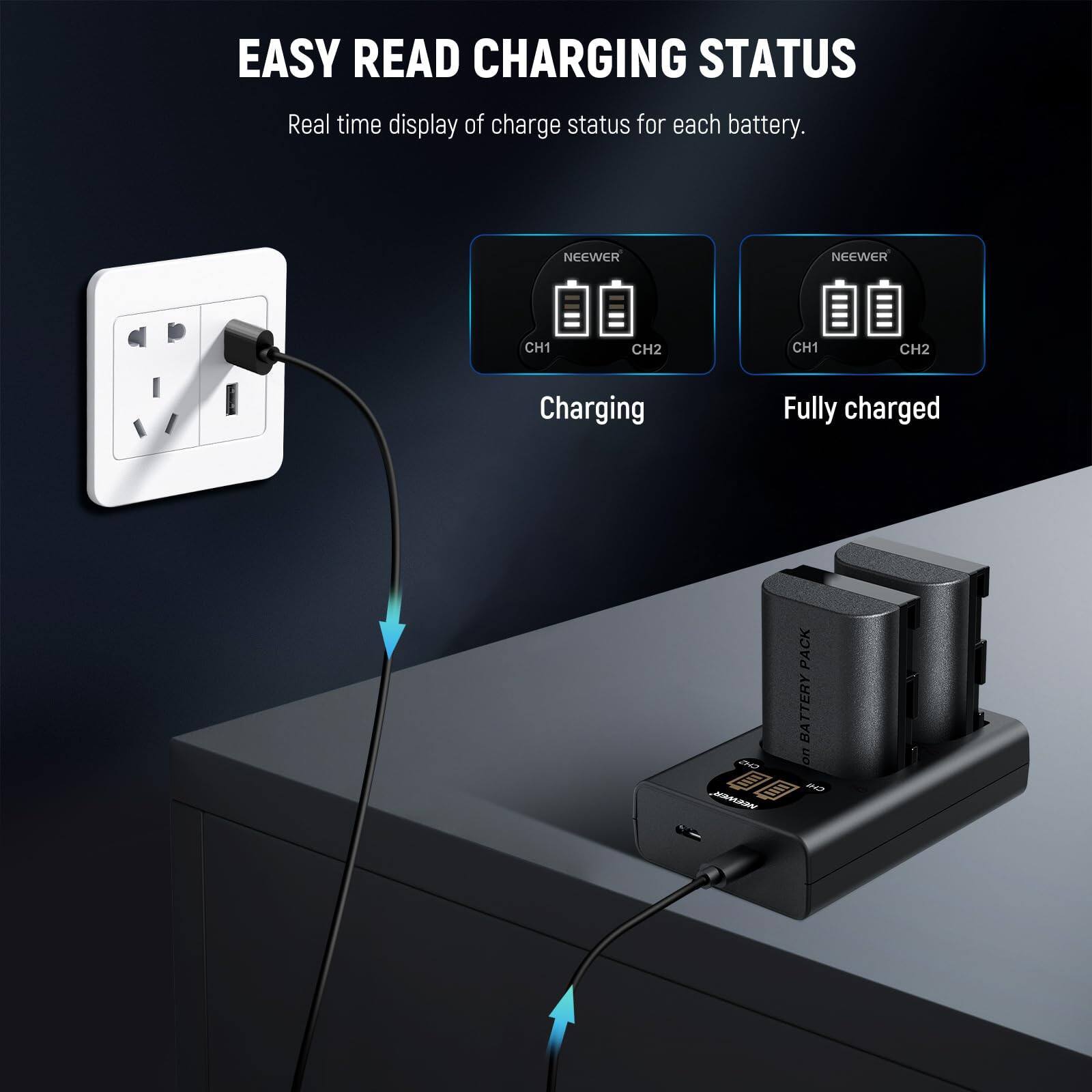 EASY READ CHARGING STATUS  
Real time display of charge status for each battery.  

NEEWER  
CH1 CH2  
Charging  
Fully charged