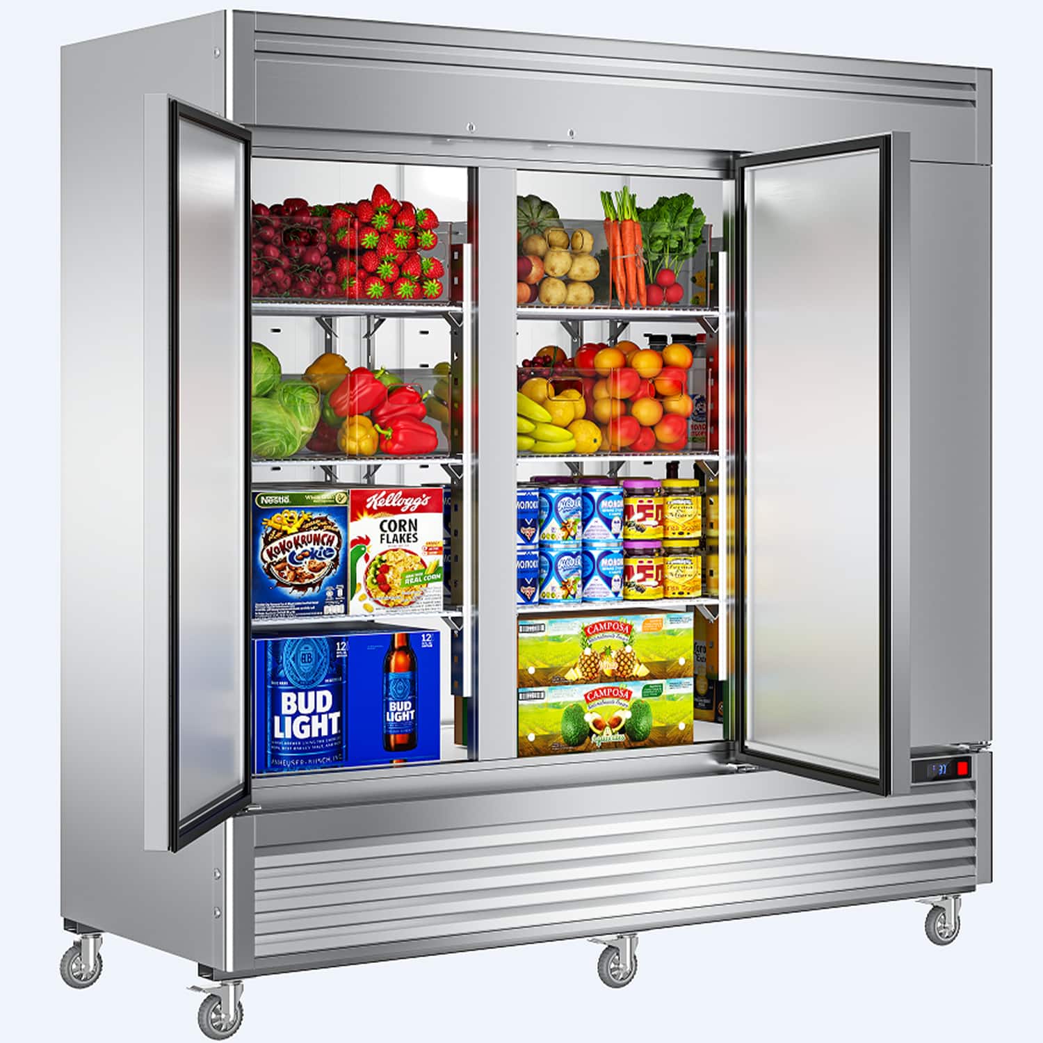 Coolake - 82" Width 72 Cu.ft Commercial Reach-in Refrigerator 3 Solid Doors with LED Lighting - Stainless Steel