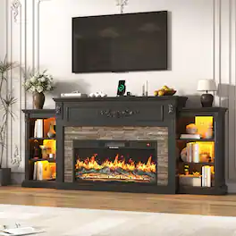Espafurni - 85" Electric Fireplace TV Stand, Farmhouse Style w/ Charging Station & LED - Black