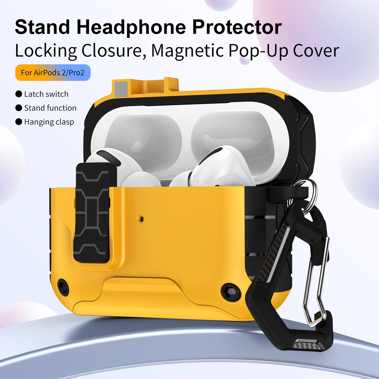 Stand Headphone Protector  
Locking Closure, Magnetic Pop-Up Cover  
For AirPods 2/Pro2  

- Latch switch  
- Stand function  
- Hanging clasp