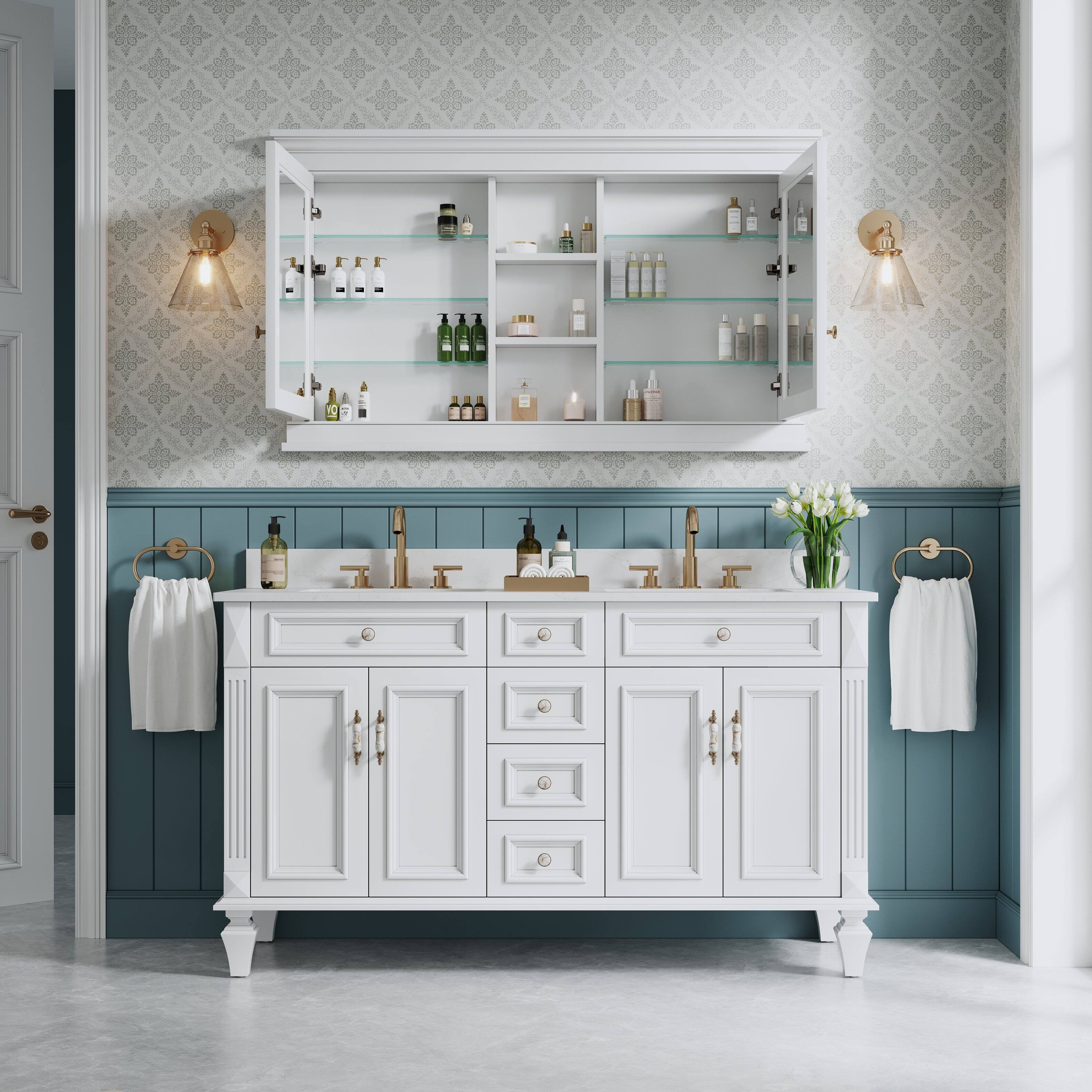 Alt View 3. WELLFOR - 55-Inch W x 32-Inch H Recessed Solid Rubberwood Medicine Cabinet with Mirrored Door - White.