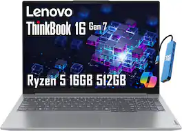 Lenovo - ThinkBook 16 Gen 7 16" FHD+ Laptop - AMD Ryzen 5 with 16GB DDR5 Memory - 512GB SSD - Fingerprint Reader - Windows 11 Pro - Gray