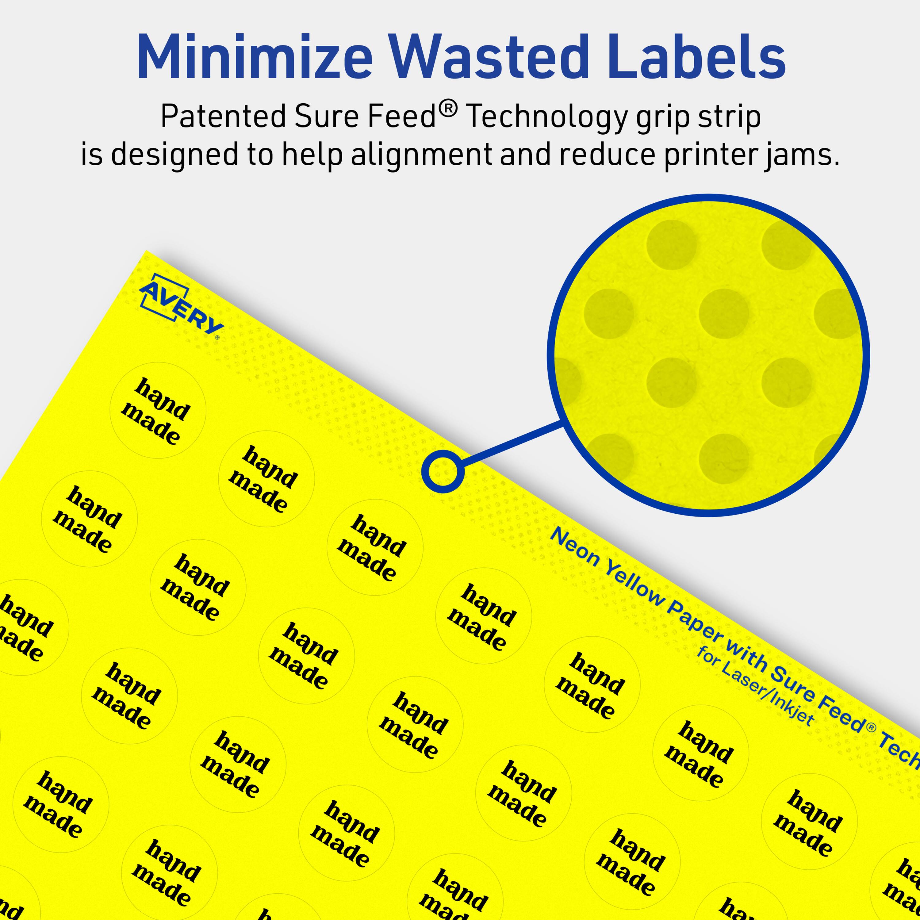Minimize Wasted Labels

Patented Sure Feed® Technology grip strip is designed to help alignment and reduce printer jams.

AVERY

Neon Yellow Paper with Sure Feed® Technology for Laser/Inkjet

hand made