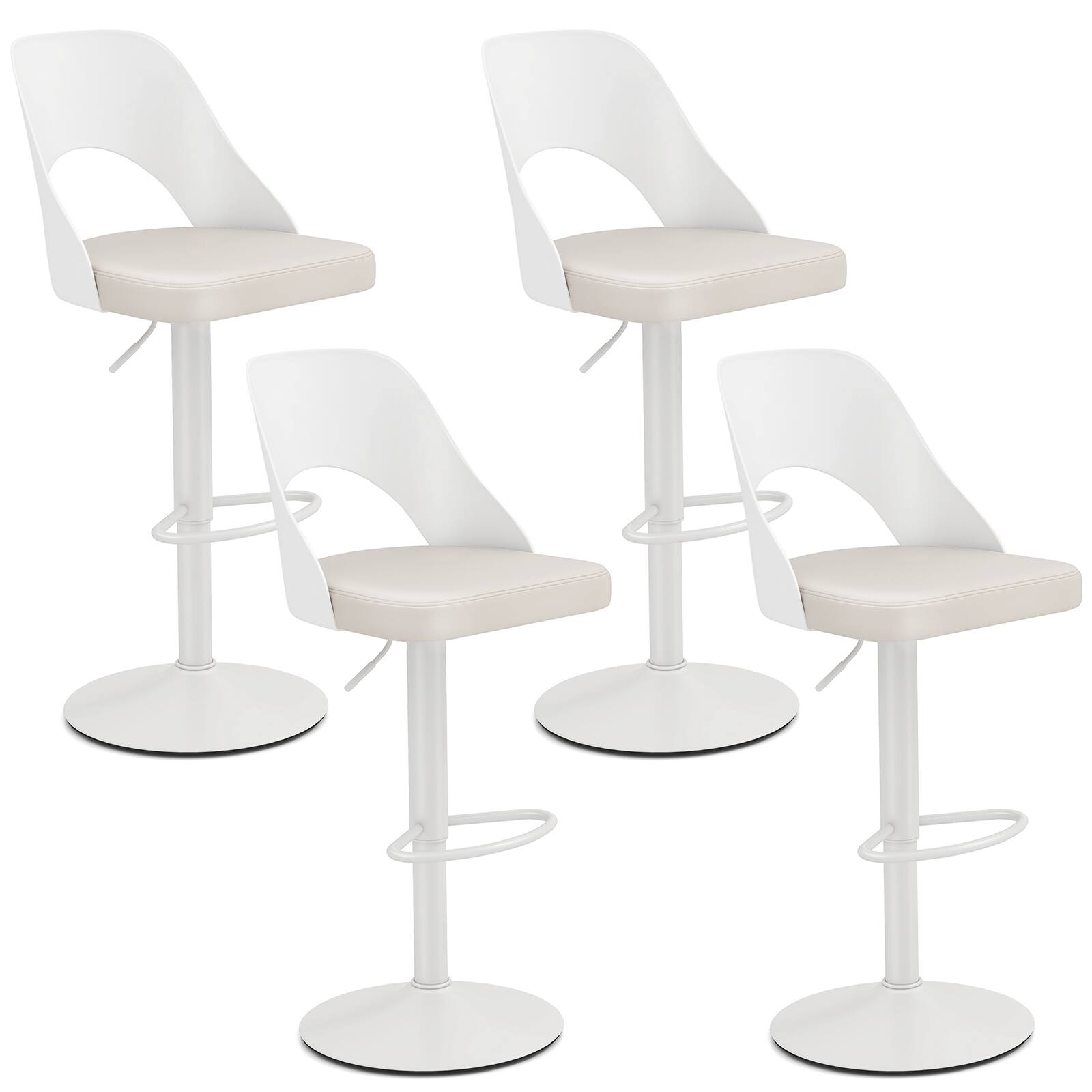 Gymax - Bar Stools Set of 4 w/Enlarged PU Leather Seat Footrest Swivel Bar Chairs - White
