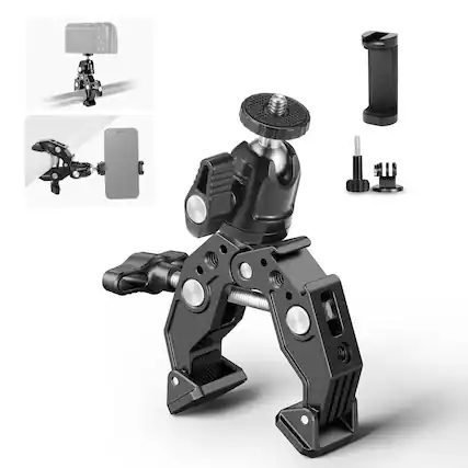 Front. Neewer - Super Clamp with Ballhead, Cold Shoe & Phone Holder, for GoPro/DJI/iPhone, ST87 - Black.