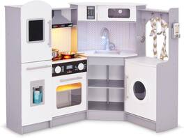 Lil' Jumbl - Corner Kids Kitchen Playset, Pretend Kids Wooden Kitchen with Stovetop, Faucet & More - Gray