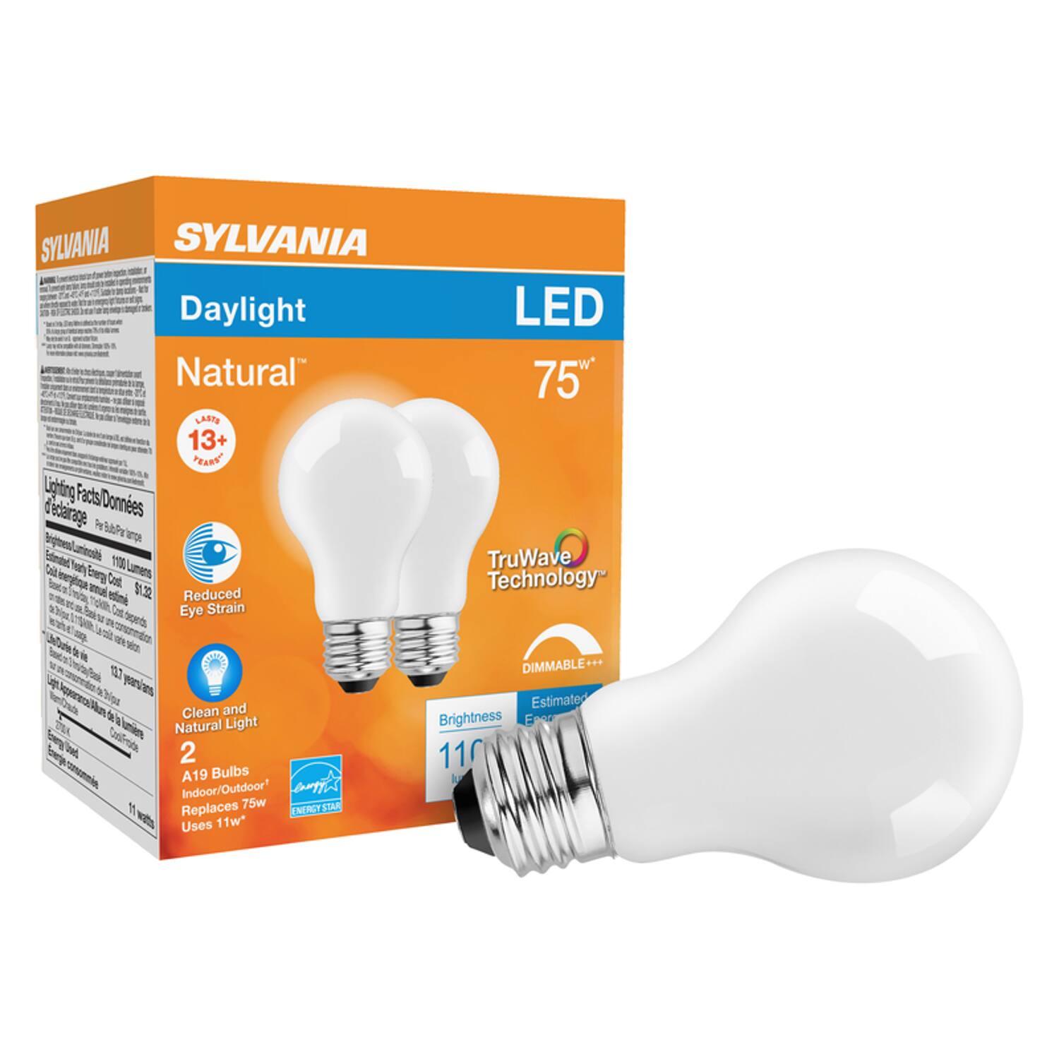 SYLVANIA  
Daylight LED Natural™  
75%  
LASTS 13+ YEARS  

Lighting Facts  
Données d'éclairage  

TruWave Technology™  
Reduced Eye Strain  
Clean and Natural Light  
Brightness 1100 Lumen  
DIMMABLE  

2 A19 Bulbs  
Indoor/Outdoor  
Replaces 75w  
Uses 11w*